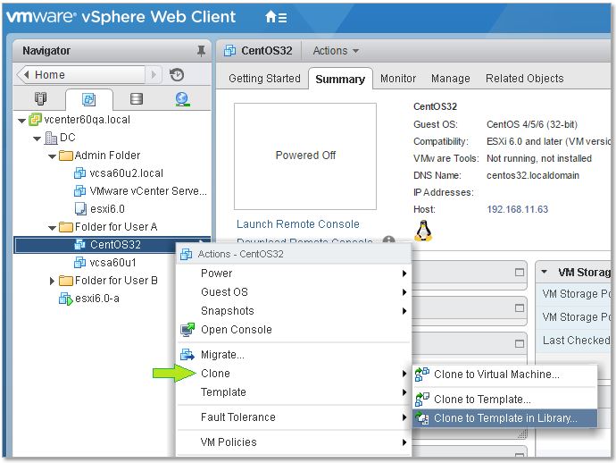 Figure 1a - Cloning a VM to a template stored in a content library