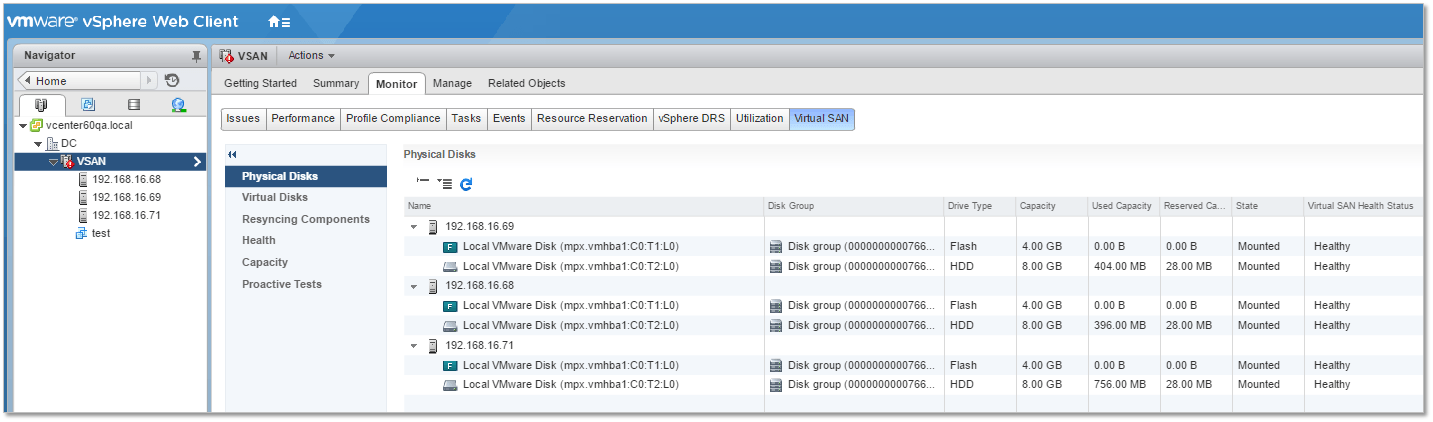 Figure 4 - vSphere Web Client - VSAN Physical disk information