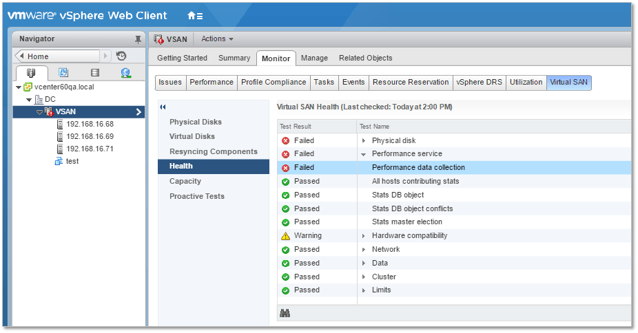 Figure 6 -  vSphere Web Client - VSAN Health monitoring