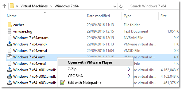 Importing a converted VM to VMware Player using the VM's VMX file