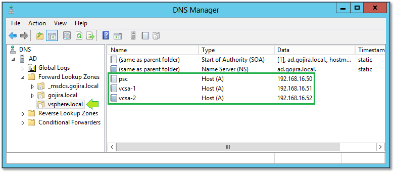 Figure 2 - DNS Forward lookup zone and records for the appliances