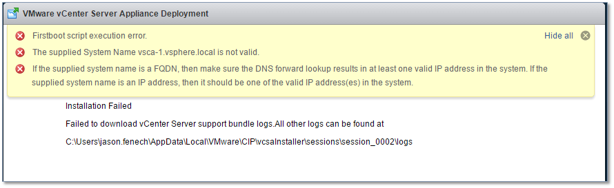 Figure 16 - A failed VCSA installation