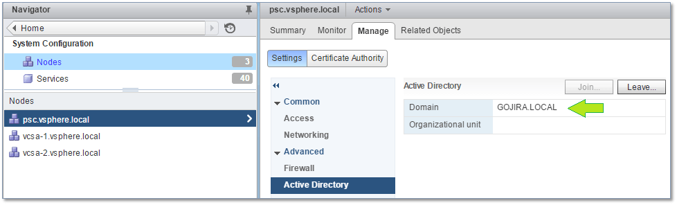 Figure 22 - The domain is correctly listed after the PSC has been rebooted