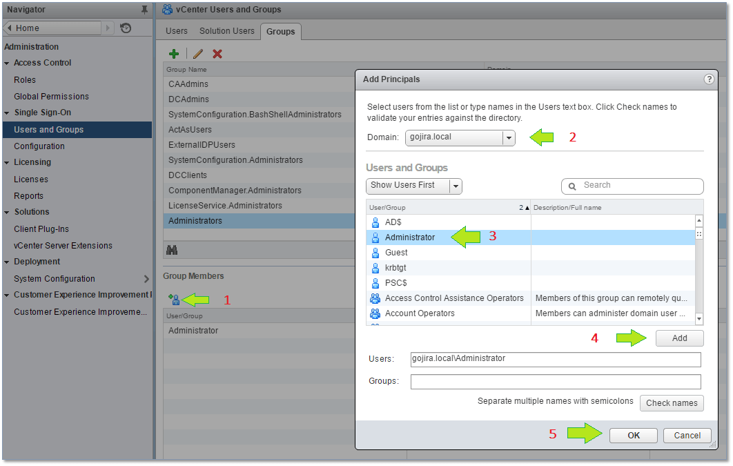 Figure 25 - Adding a domain's administrator account to the local vSphere Administrators group