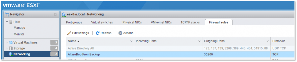 Figure 13 - The newly created rule listed in ESXi Host Client