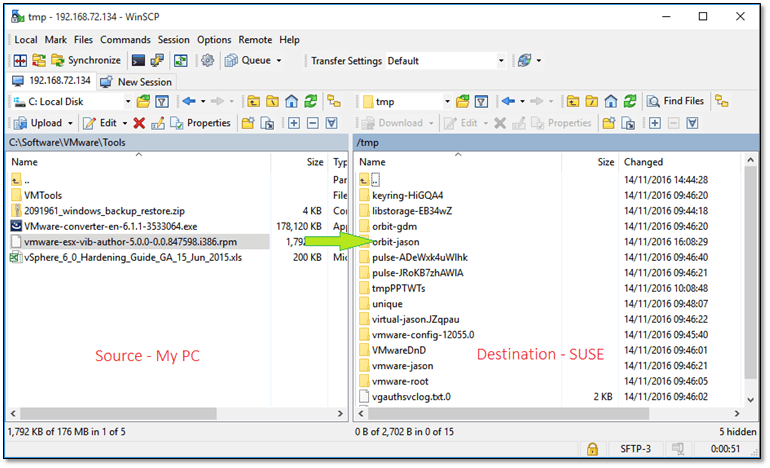 Figure 3 - Using WinSCP to transfer an RPM package to a Linux vm