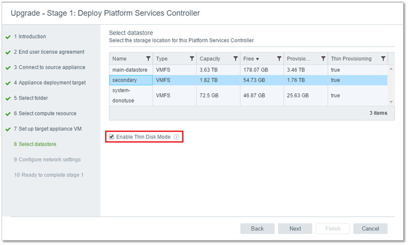 Figure 12 - Selecting the datastore for the target appliance