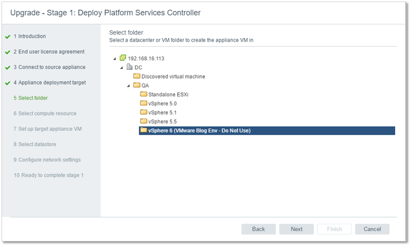 Figure 9 - Specifying the vSphere folder under which the appliance will reside