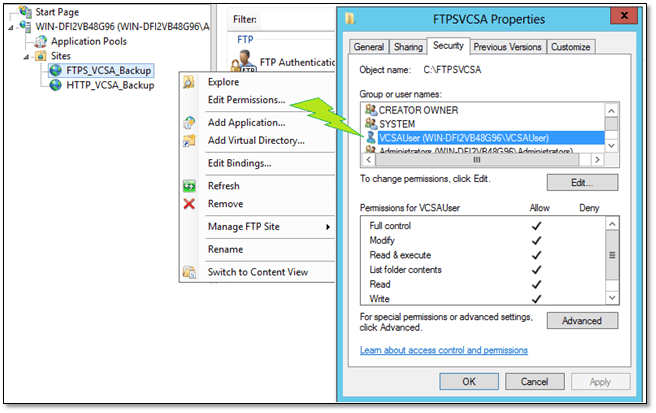 Figure 9 - Setting NTFS permissions on the FTP folder