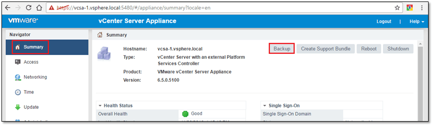 Figure 12 - Launching a VCSA backup from the Appliance Management tool