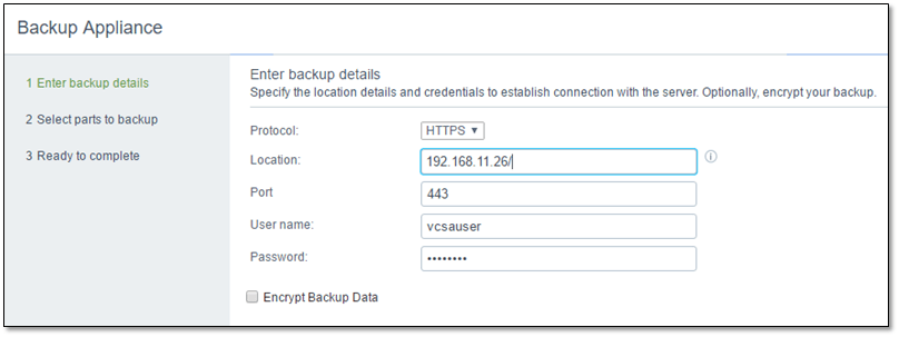 Figure 11 - Setting up a vCSA native backup job that uses HTTPS