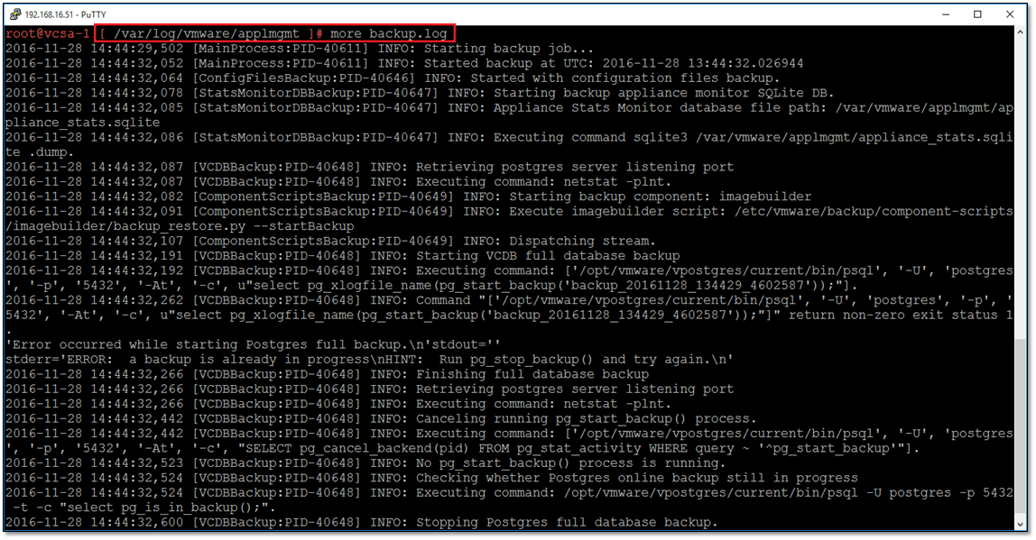 Figure 18 - Viewing the backup jobs log file on the VCSA