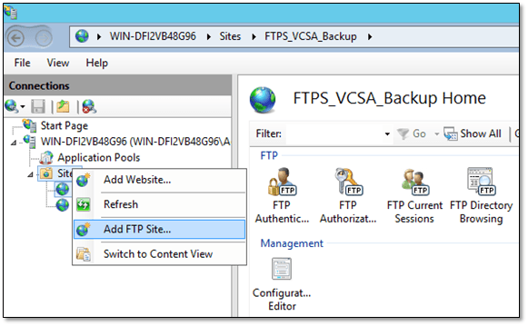 Figure 5 - Adding an FTP site in IIS