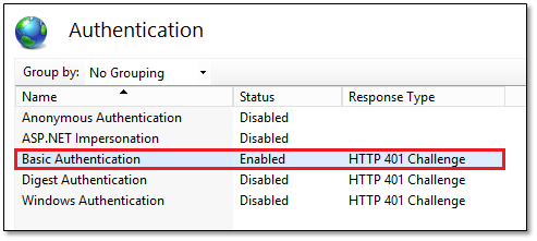 Figure 6 - Enabling or disabling an authentication method in IIS