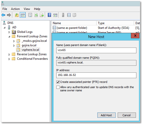Figure 1 - Creating the DNS records for the vCenter Server for Windows instance