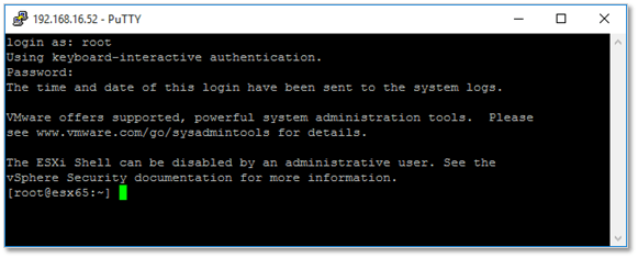 Figure 8 - Connecting to an ESXi 6.5 host using SSH