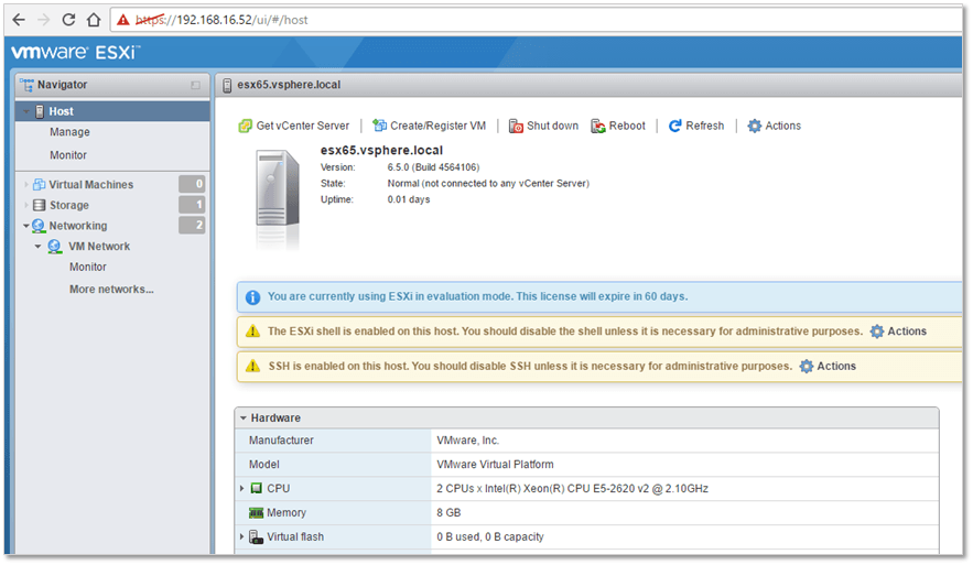 Figure 9 - Connecting to an ESXi 6.5 host using the VMware Host Client