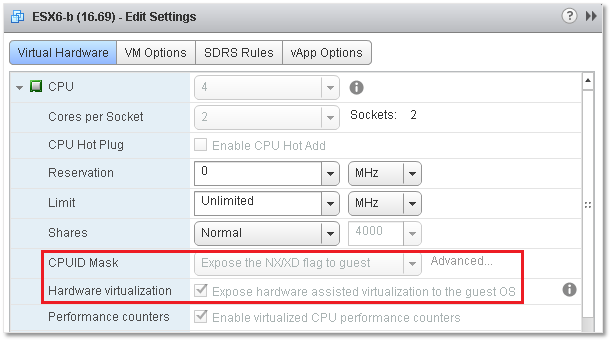 Figure 9 - Setting up a nested ESXi instance for running 64-bit VMs
