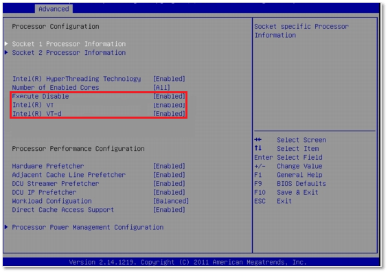 Figure 4 - Execute Disable (xD), VT-x and VT-d settings on a server