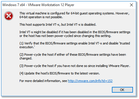 Figure 8 - A 64-bit VM will fail to start when VT-x (or AMD-V) is disabled