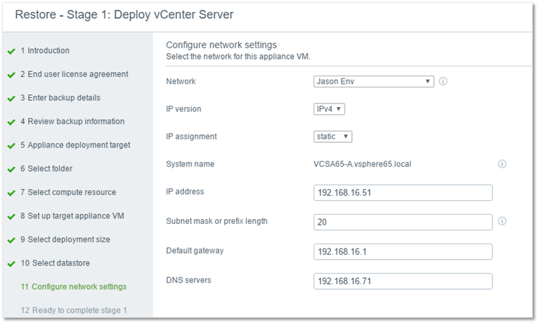 Figure 10 - Specifying the networking settings for the VCSA being restored