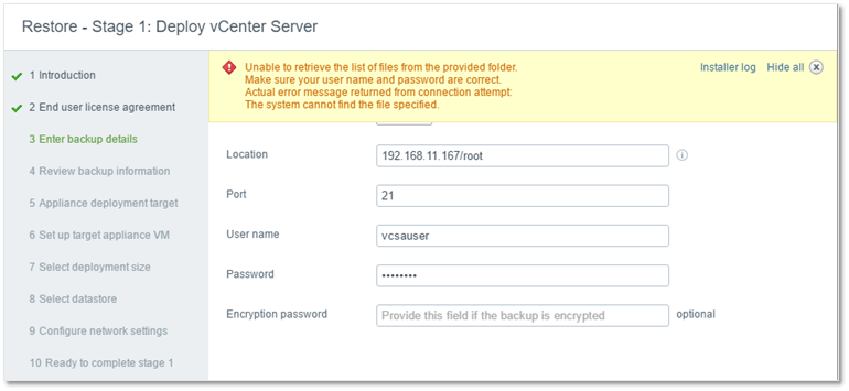 Figure 2 - Specifying the FTPS details from where the backup files are retrieved