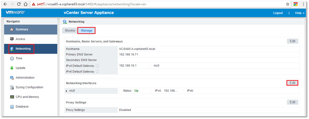 Figure 23a - Change the VCSA's IP address using VAMI