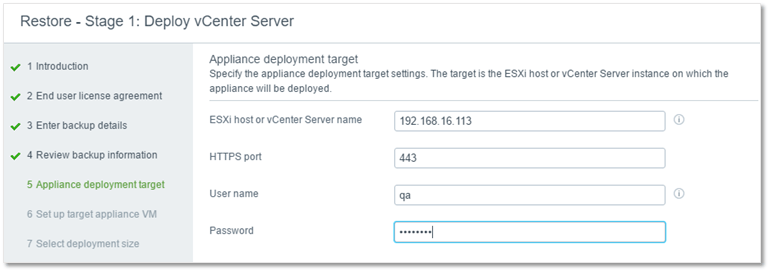 Figure 3 - Specifying where the restored VCSA will reside