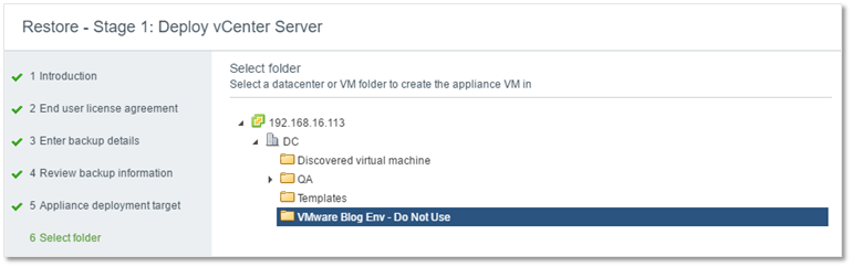 Figure 5 - Specify a folder under which the VCSA is restored