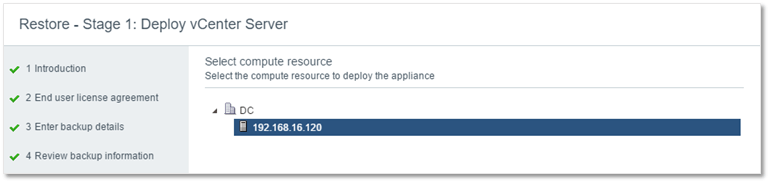 Figure 6 - Selecting the ESXi host on which VCSA is restored