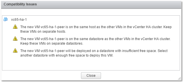 Figure 8 - vCenter HA cluster compatibility issues