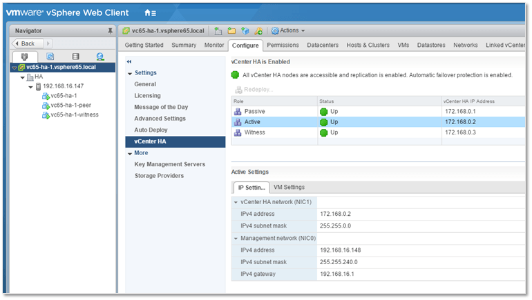 Figure 15 - vCenter HA cluster status after failover