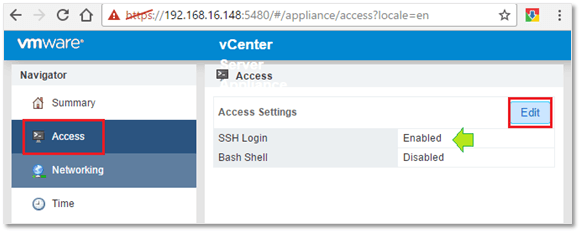 Figure 2 - Enabling SSH on the first vCSA installed