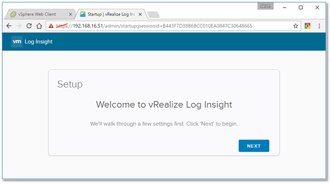 Figure B1 - Log Insight setup landing page