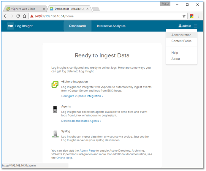 Figure C1 - Setting up Log Insight for vSphere Integration