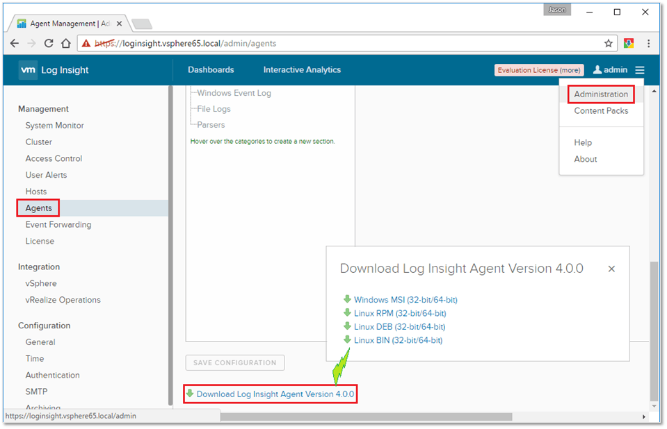 Figure 1 - Downloading agents from the vRealize Log Insight server