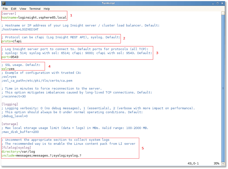 Figure 4 - Editing the configuration file for a Log Insight Linux agent
