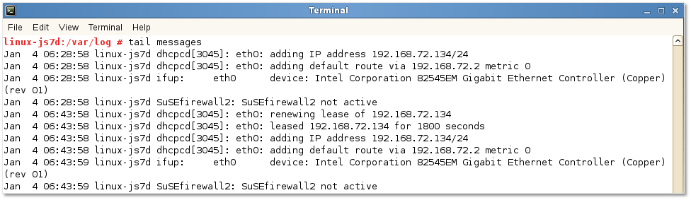 Figure 7 - Tailing the contents of the messages log file for comparison