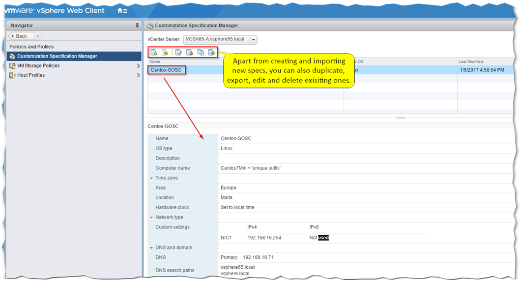 Figure 19 - Using the Customization Specification Manager in vSphere Web Client to manage GOSCs