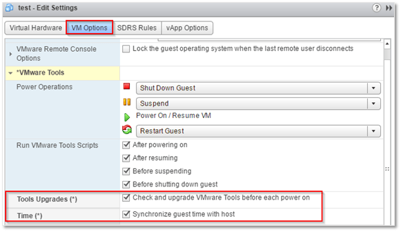 Figure 7 - Setting a VM to check for VMware Tools and configuring it to time sync with its host