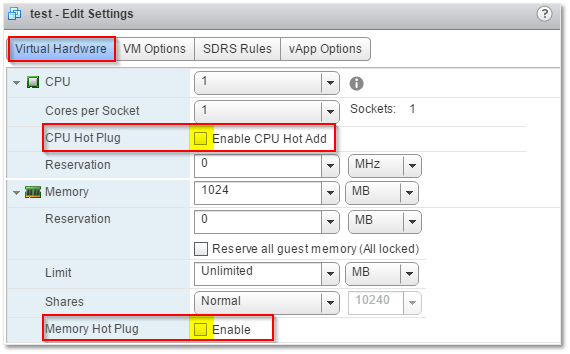 Figure 8 - Adding hardware Hot Add capabilities to a VM