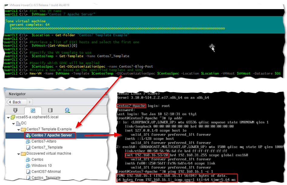 Figure 8 - A collated view of the PowerCLI commands executing, the provisioned VM as listed in Navigator and a quick look at the VM settings applied from console