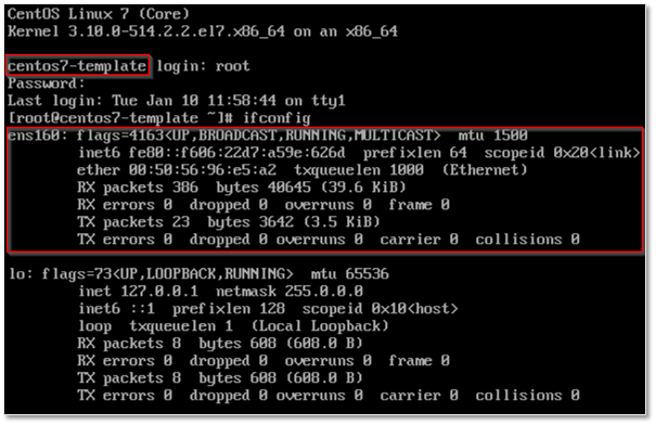 Figure 2 - Displaying the hostname and IP settings in Centos