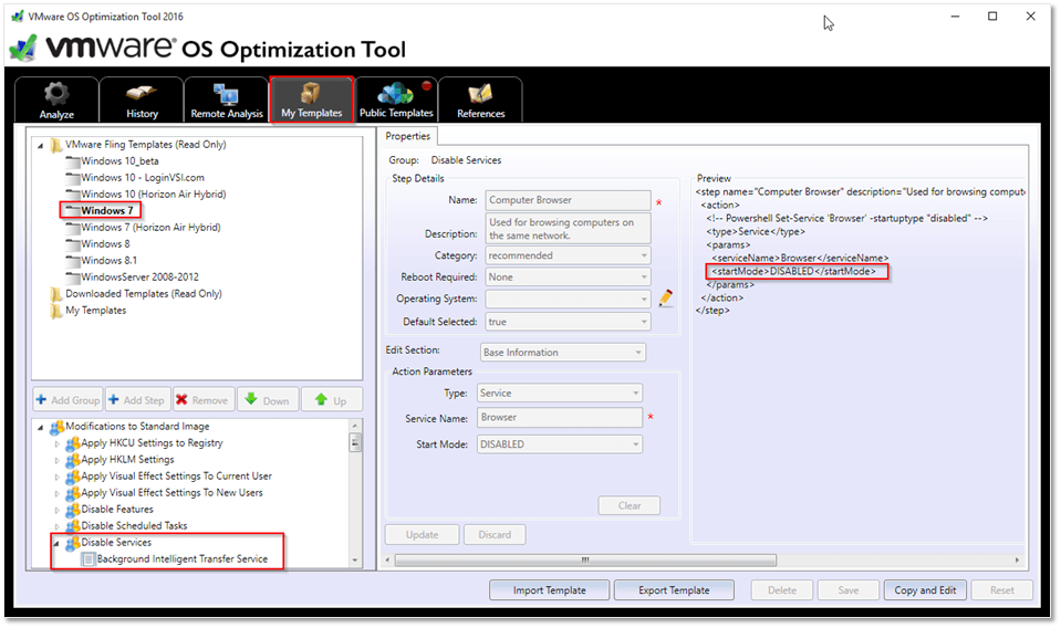 VMware OS Optimization Tool - Selecting a template and which settings to apply