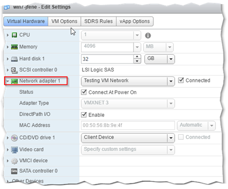 Checking that the VM's primary vnic is set to Network adapter 1