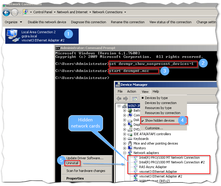 Displaying hidden defunct nics in Windows