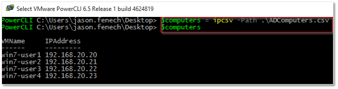 Figure 2 - Reading a CSV file with PowerShell