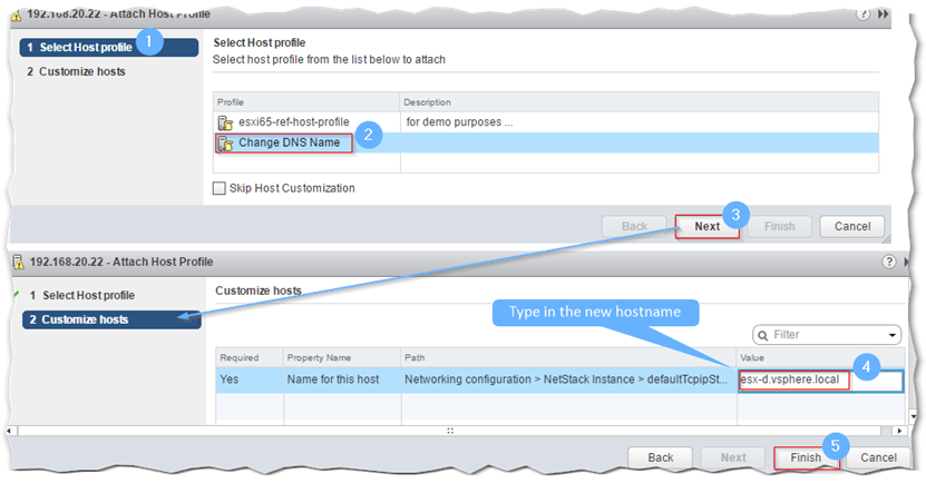 Figure 14 - Attaching an ESXi host to a host profile and manually changing the hostname