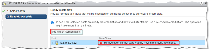 Figure 15 - Some remediation tasks require a host to be in maintenance mode