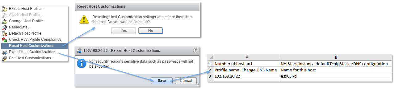 Figure 18 - Resetting and exporting host customizations